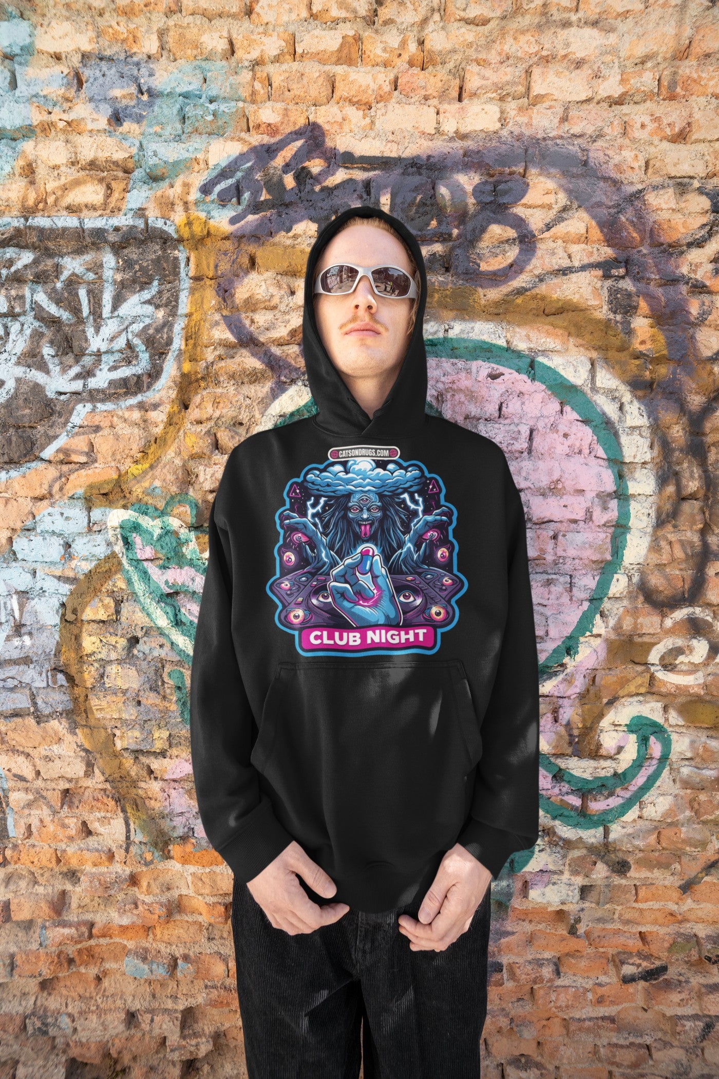 Unisex black Underground Clothing hoodie styled for techno rave culture