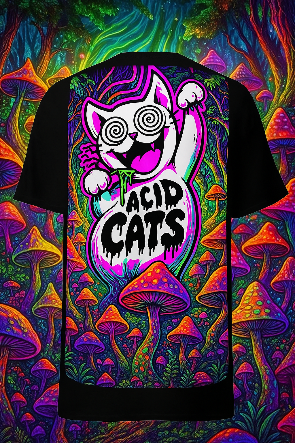 Front view of Acid Cat T-Shirt | Acid Fashion with neon cat design