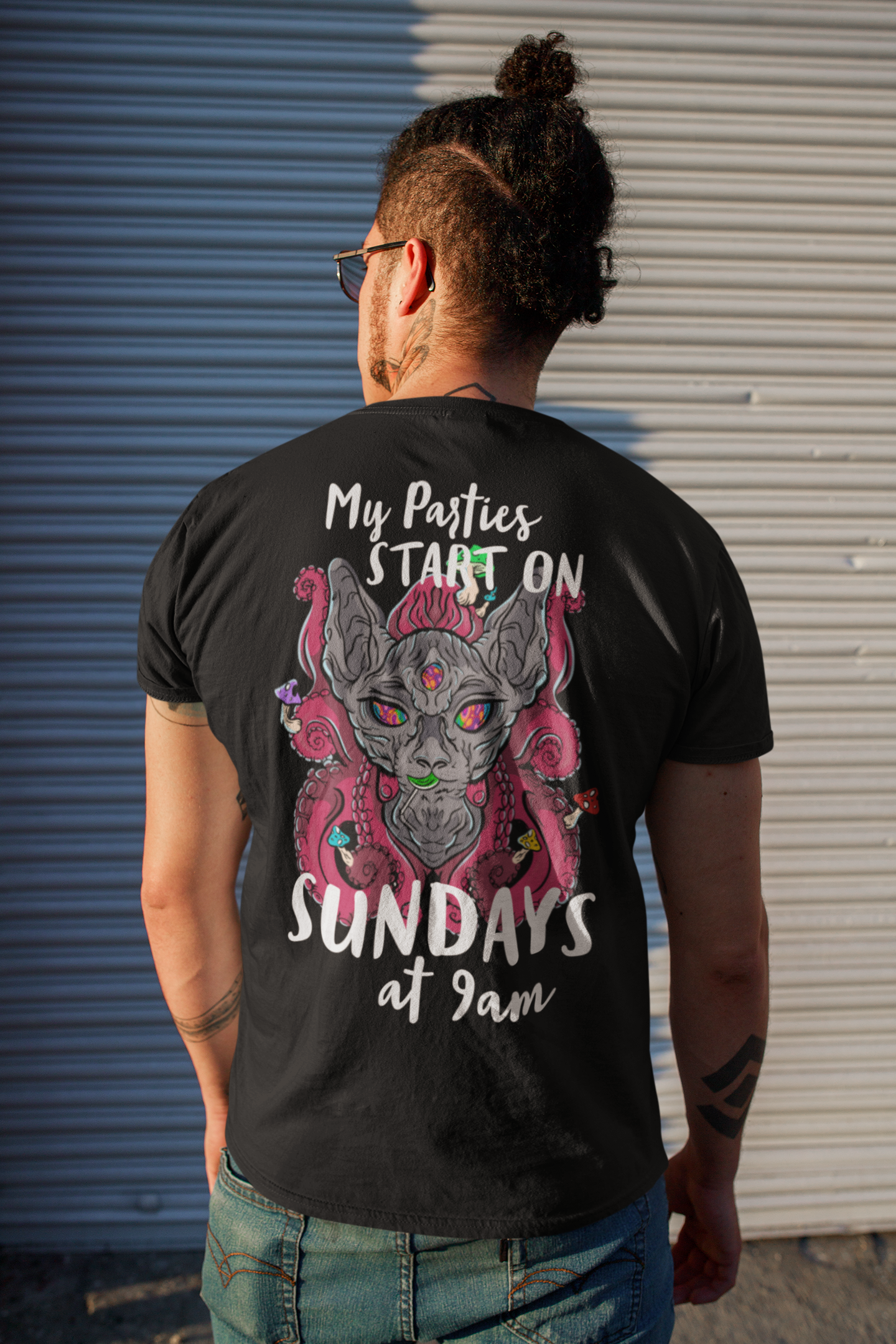 My parties start on Sundays at 9am - Unisex T-Shirt - CatsOnDrugs