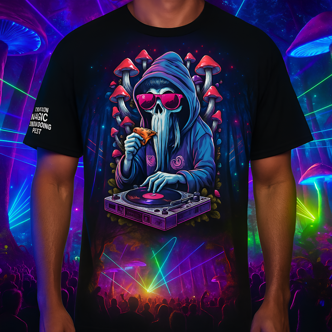 Front view of DJ T-Shirt | Psychedelic DJ Ghost with neon ghost design