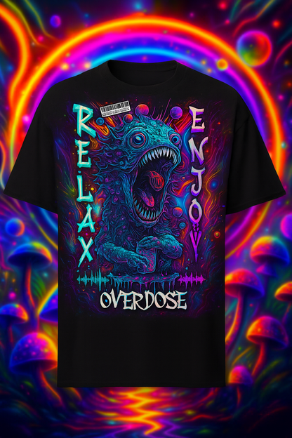 Front view of Festival T-Shirt | Overdose Organism with neon techno design