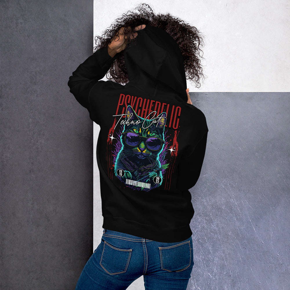 Glow-in-the-dark details on Psychedelic Hoodie | Psychedelic Techno Cat