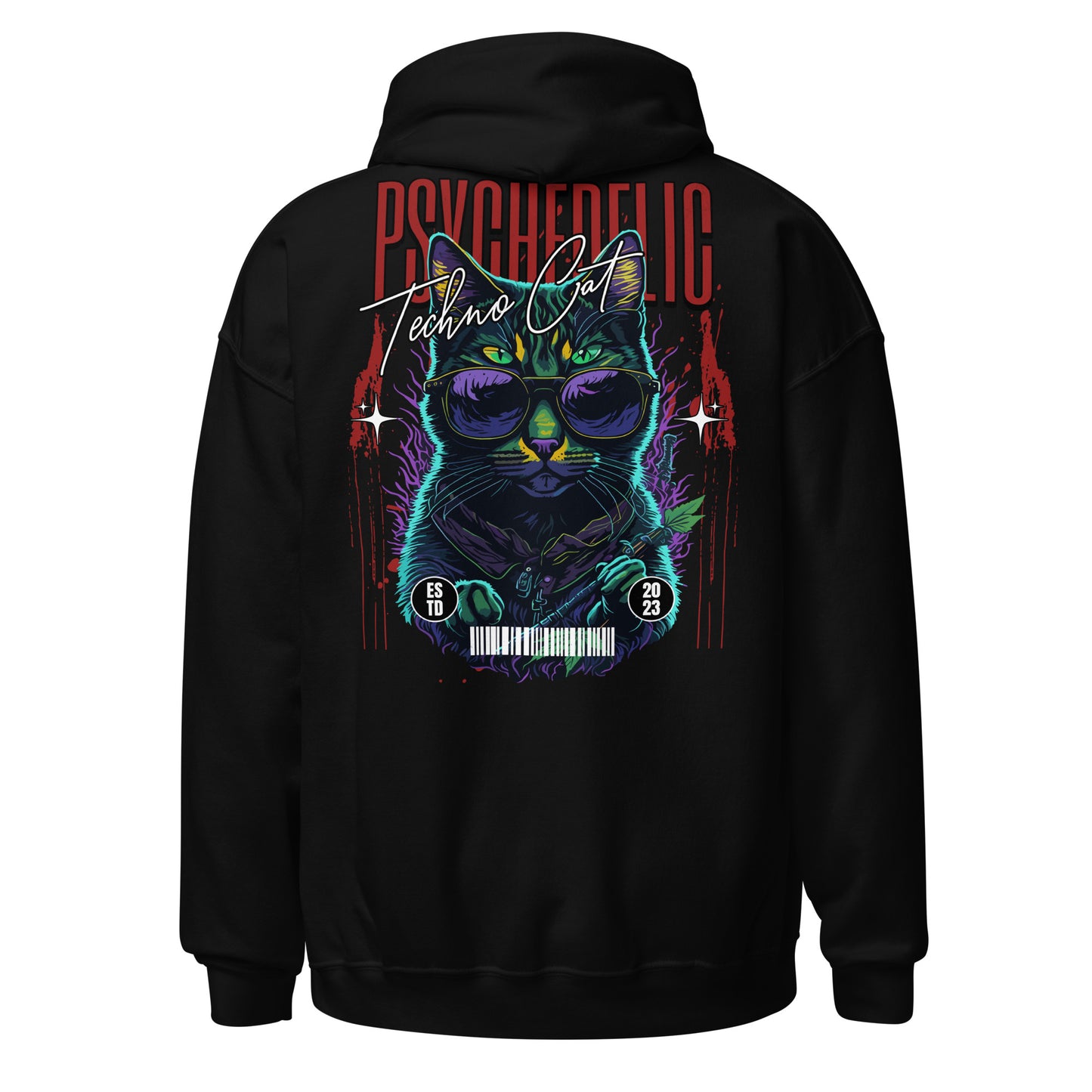 Back of Psychedelic Techno Cat hoodie in black color