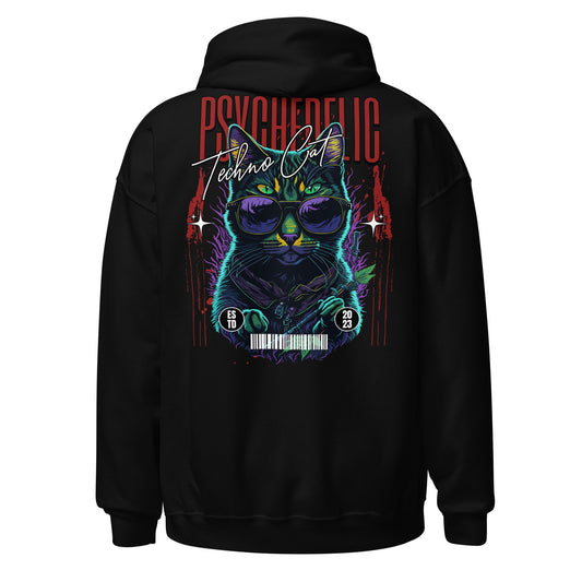 Back of Psychedelic Techno Cat hoodie in black color