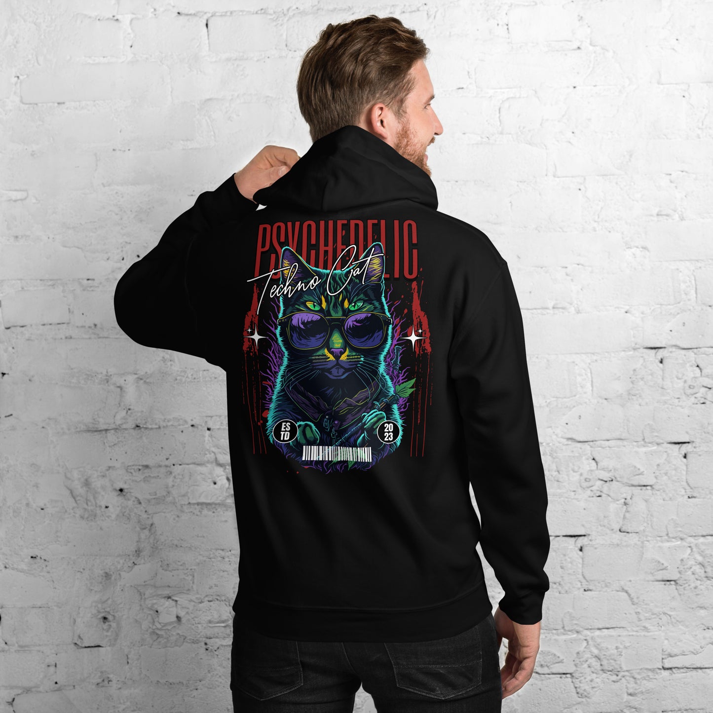 Close-up of neon psychedelic techno cat graphic on hoodie