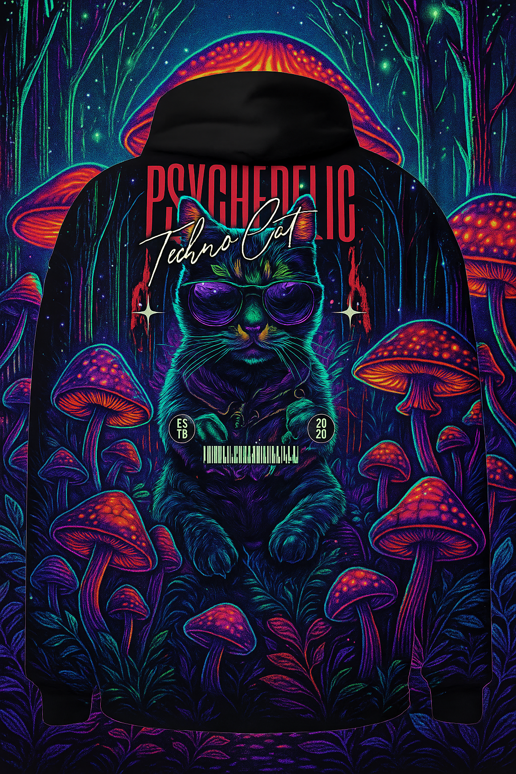 Front view of Psychedelic Hoodie | Psychedelic Techno Cat with neon cat design