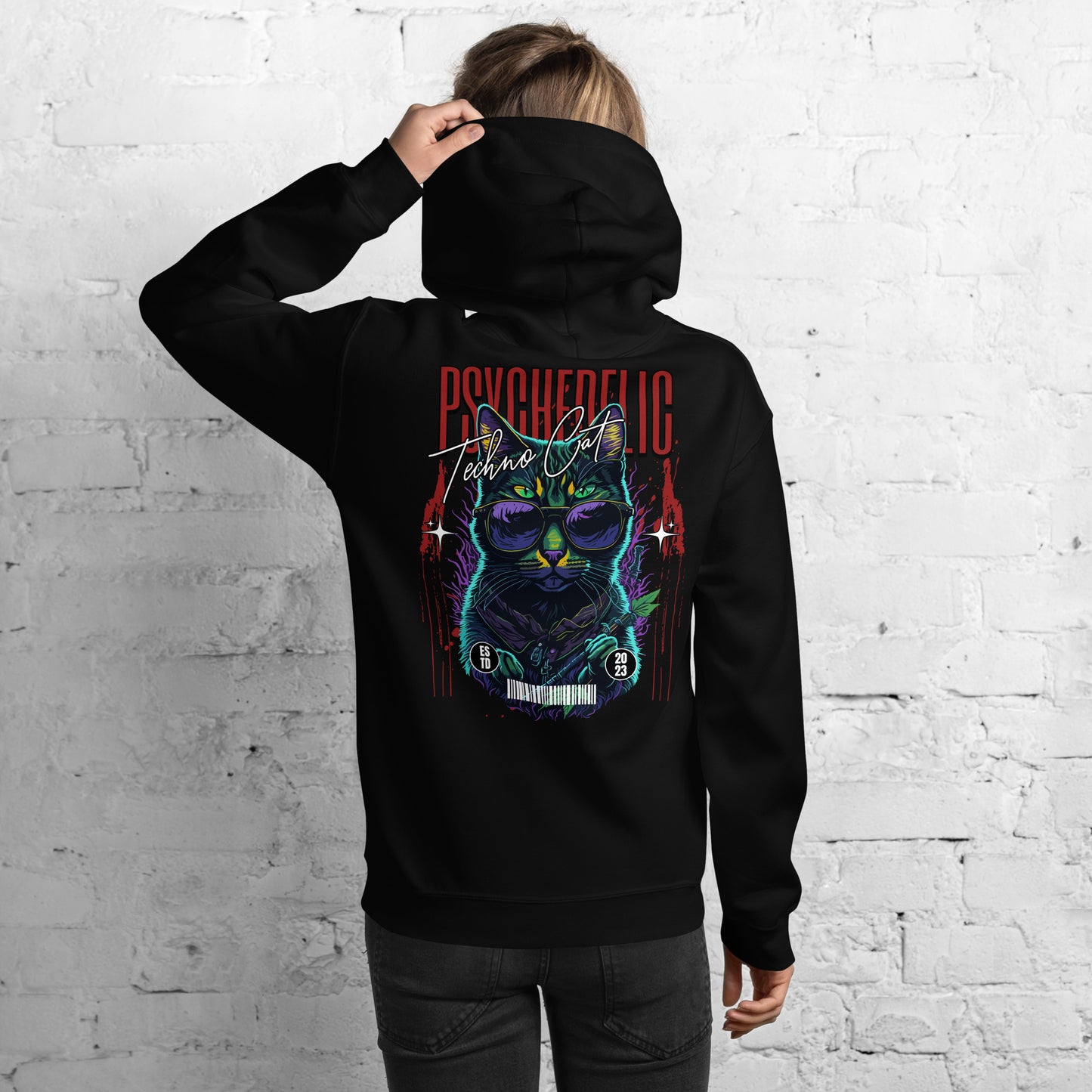 Unisex festival hoodie featuring Psychedelic Techno Cat design