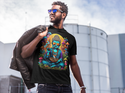 Close-up of neon psychedelic Buddha graphic on Ecstasy Edition T-Shirt