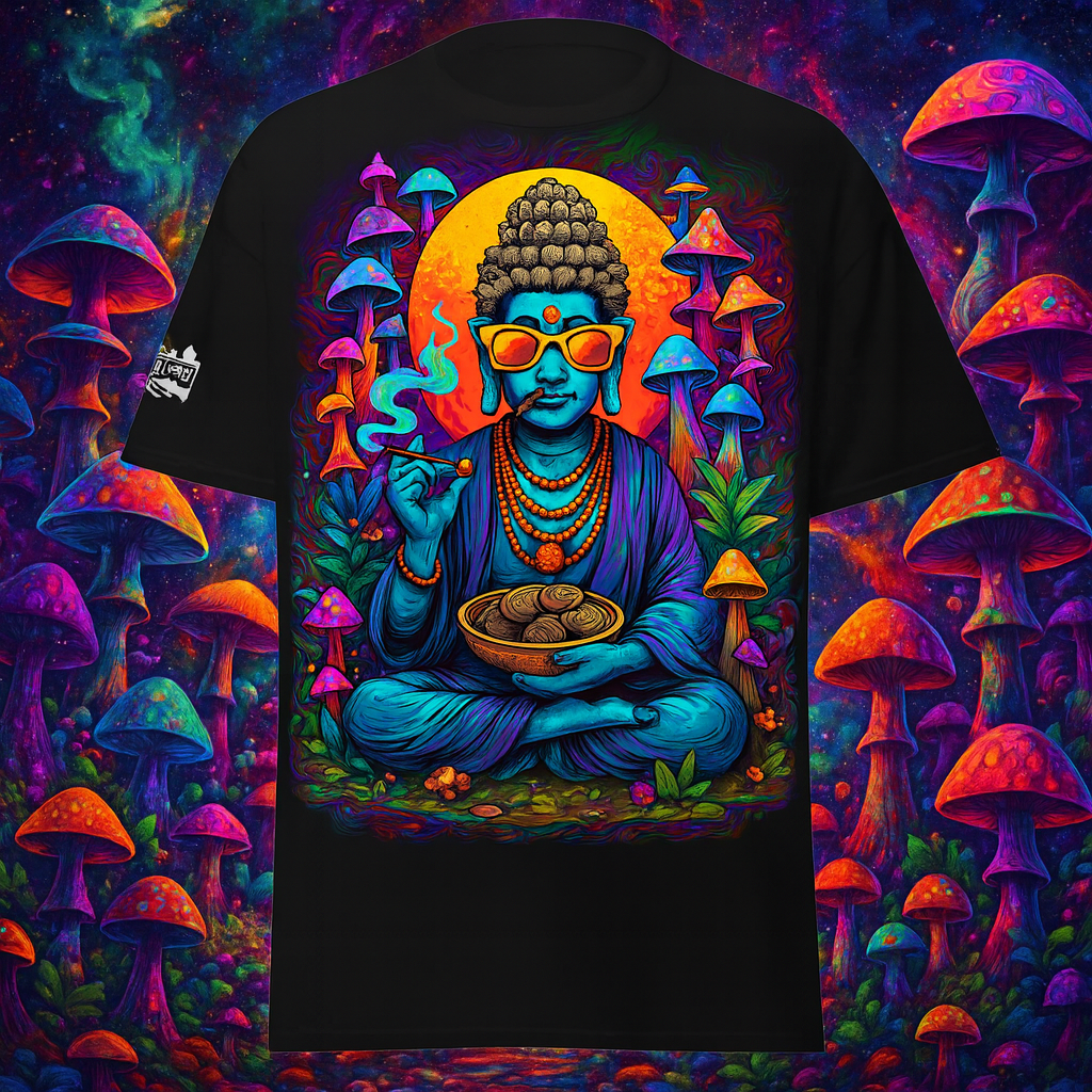 Front view of Psychedelic T-Shirt | Buddha Wear | Ecstasy Edition with neon Buddha design