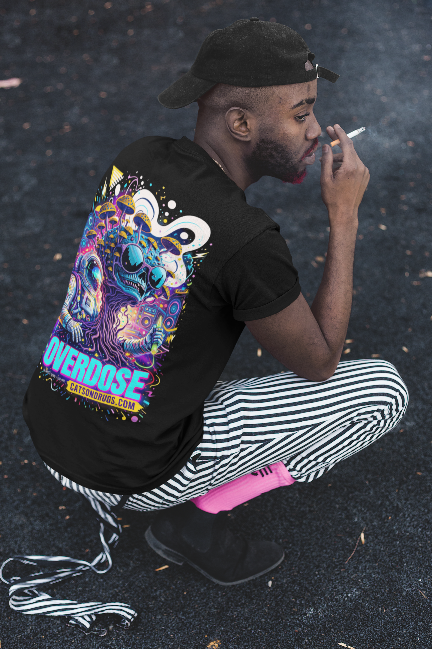 psychedelic oversized hoodie streetwear outfit, trippy drip clothing, modern rave fashion, dark techno club background, cinematic lighting