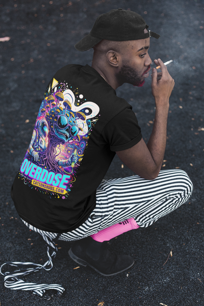 psychedelic oversized hoodie streetwear outfit, trippy drip clothing, modern rave fashion, dark techno club background, cinematic lighting