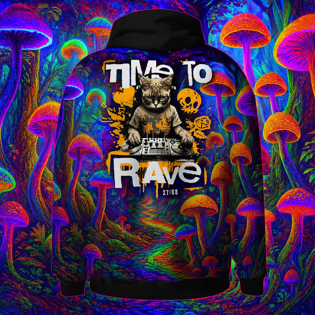 Front view of Rave Hoodie | Time to Rave neon print