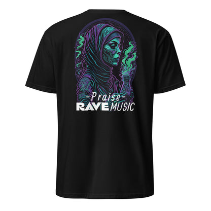Back view of Praise Rave Music t-shirt in black color