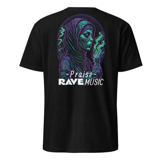 Back view of Praise Rave Music t-shirt in black color