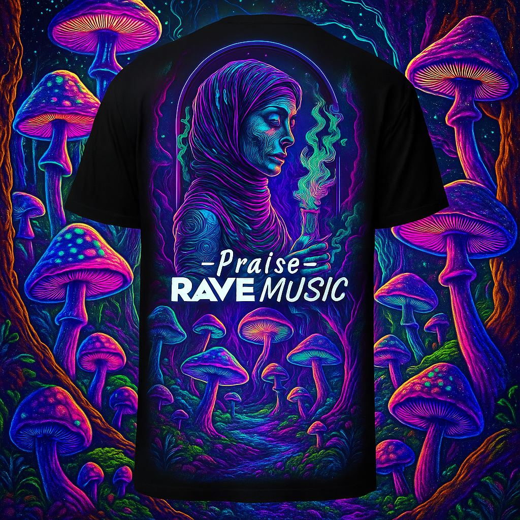 Front view of Rave T-Shirt | Praise Rave Music with neon festival design