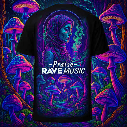 Front view of Rave T-Shirt | Praise Rave Music with neon festival design