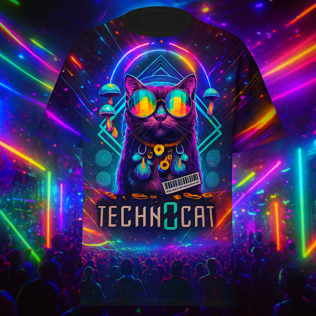 Unisex streetwear festival t-shirt with Diamond Techno Cat print