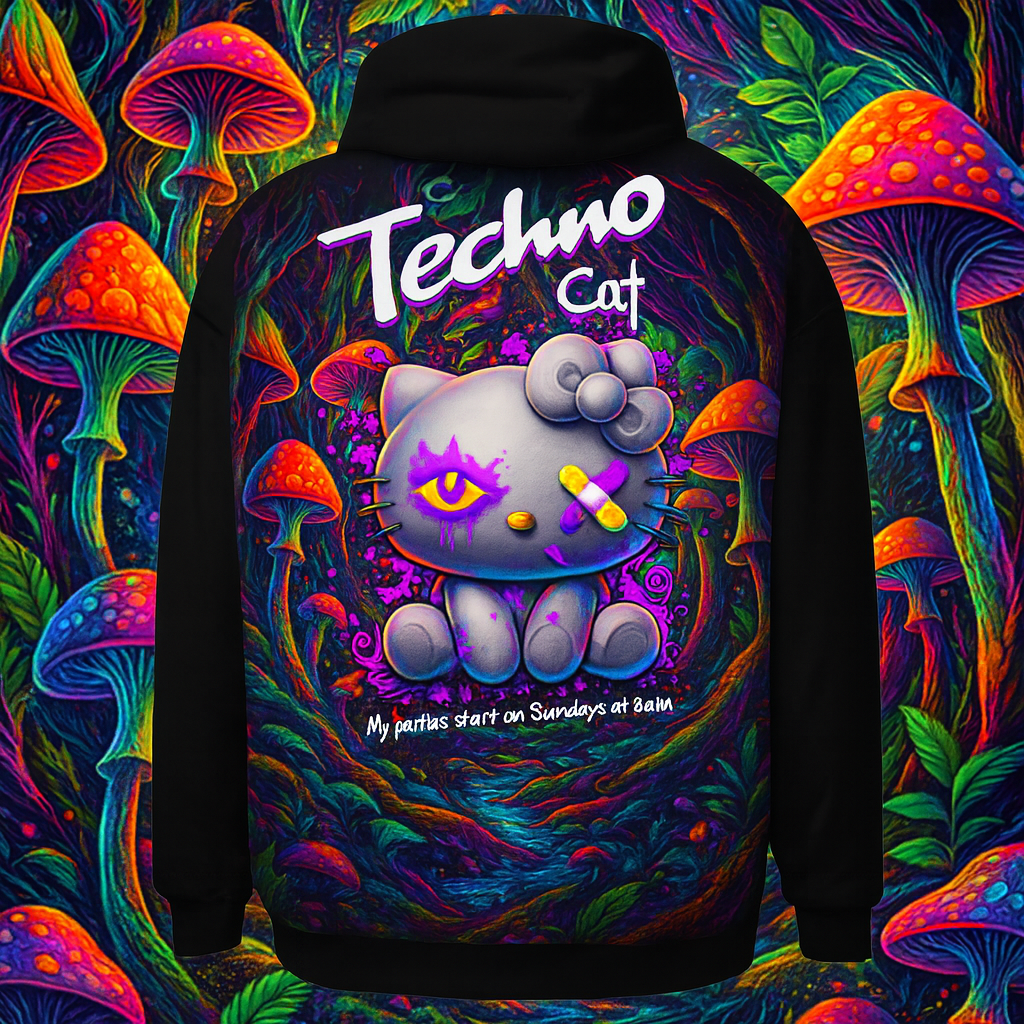Unisex Techno Cat Festival Hoodie with rave design for EDM and techno events