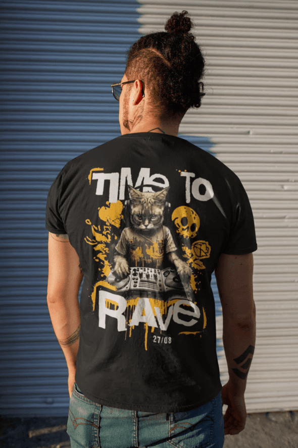 Glow-in-the-dark details on Techno T-Shirt | Time to Rave Cat