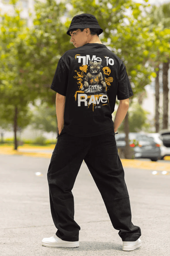 Back of Time to Rave Cat t-shirt in black color