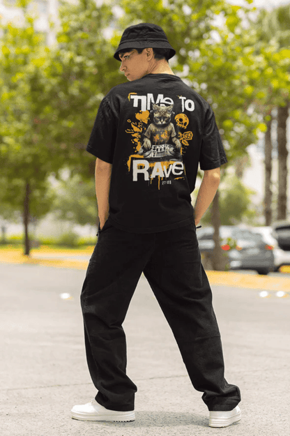 Back of Time to Rave Cat t-shirt in black color