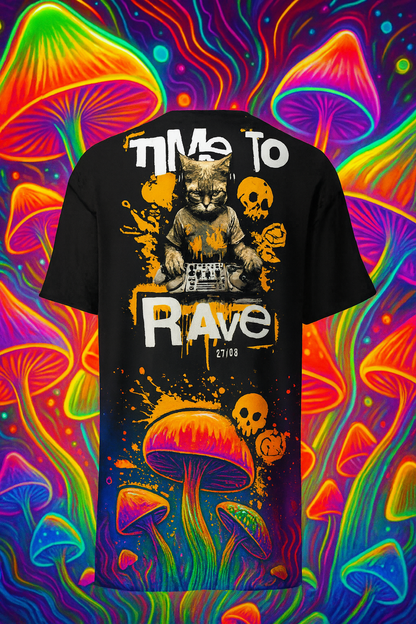 Front view of Techno T-Shirt | Time to Rave Cat with neon cat design