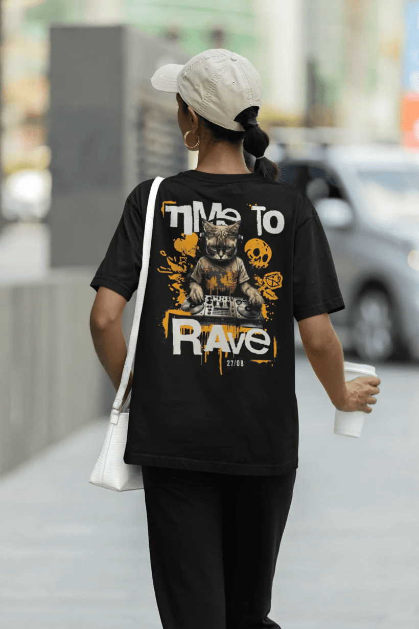Unisex festival t-shirt with Time to Rave Cat design
