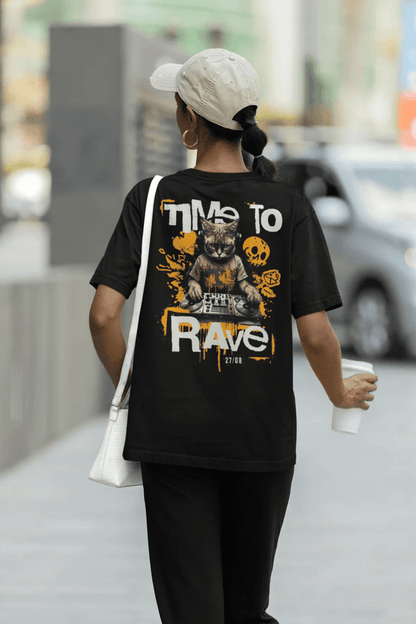 Unisex festival t-shirt with Time to Rave Cat design