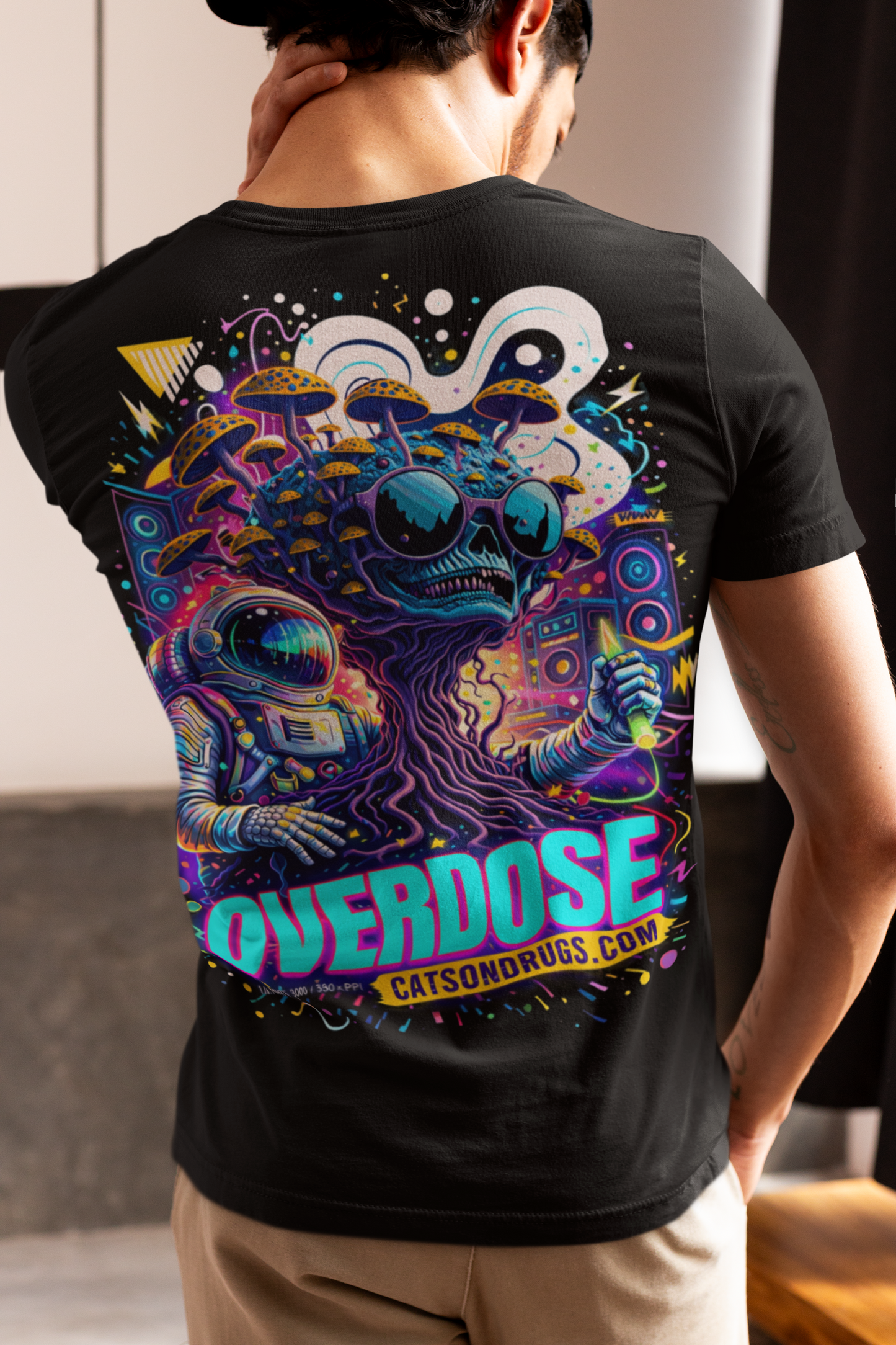 trippy graphic hoodie outfit, psychedelic fashion model, rave culture aesthetic, neon lighting, fashion editorial photo