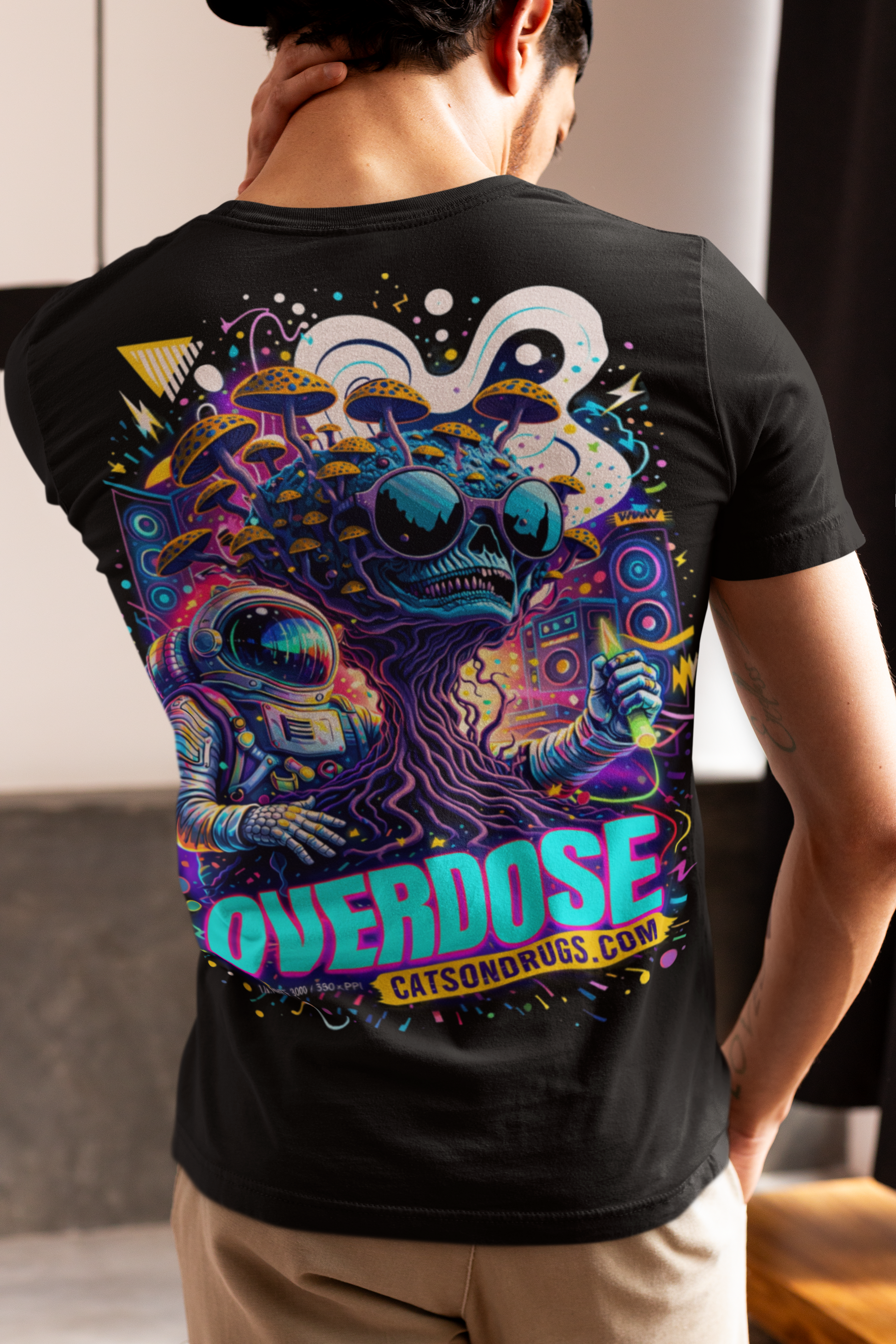 trippy graphic hoodie outfit, psychedelic fashion model, rave culture aesthetic, neon lighting, fashion editorial photo