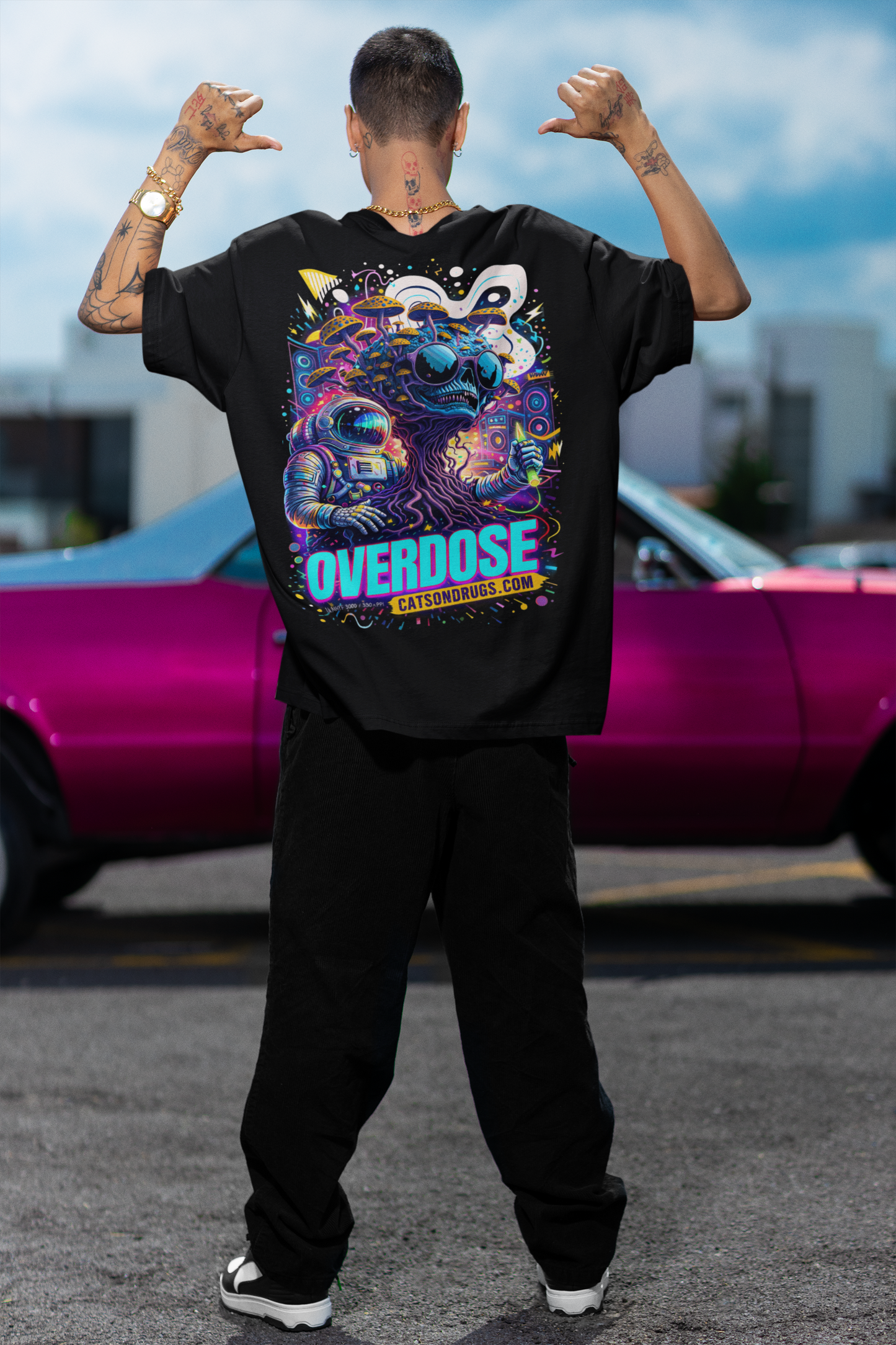 trippy streetwear aesthetic, psychedelic graphic t shirt outfit, rave fashion model, futuristic sunglasses, neon techno club lighting, underground fashion photography