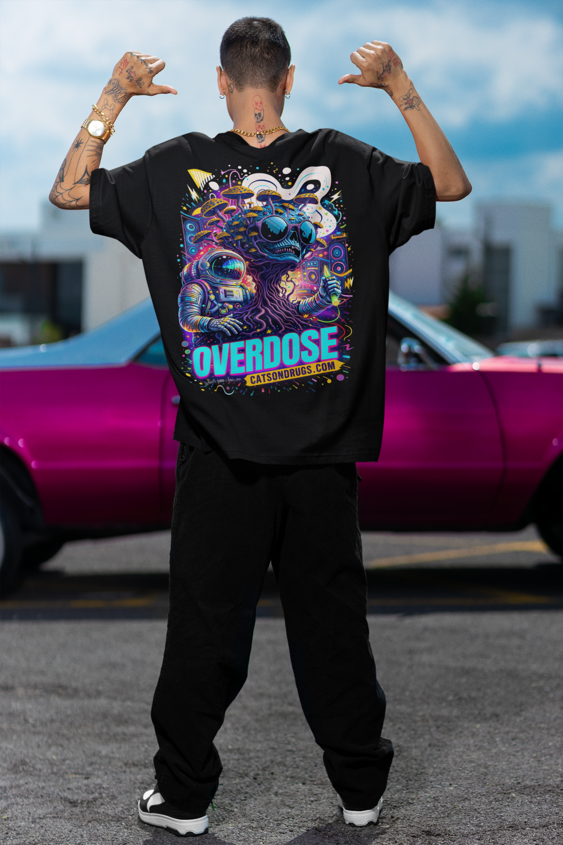 trippy streetwear aesthetic, psychedelic graphic t shirt outfit, rave fashion model, futuristic sunglasses, neon techno club lighting, underground fashion photography
