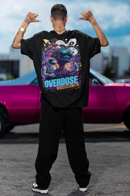 trippy streetwear aesthetic, psychedelic graphic t shirt outfit, rave fashion model, futuristic sunglasses, neon techno club lighting, underground fashion photography