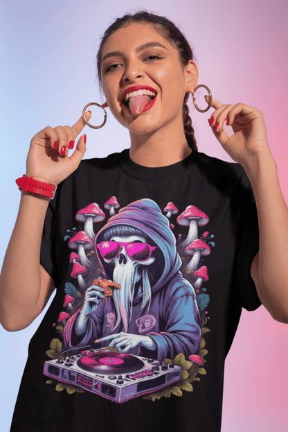 view of DJ T-shirt with psychedelic ghost design